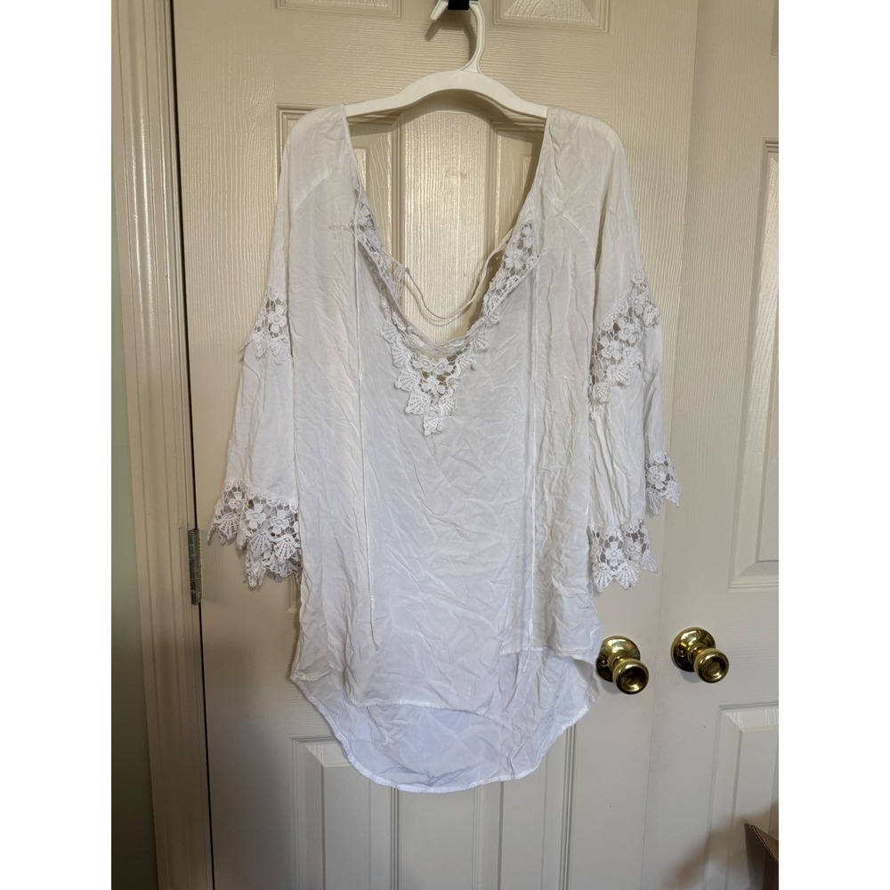 Spiaggia Dolce White Crochet Lace Boho Tunic Top Bell Sleeve V-Neck Large